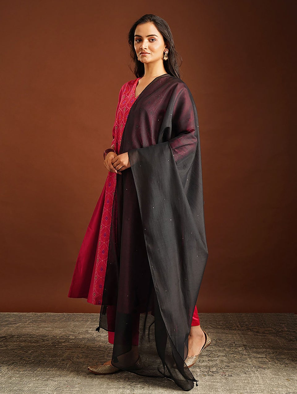 Women Black Silk Cotton Dupatta With Mukaish And Tassels