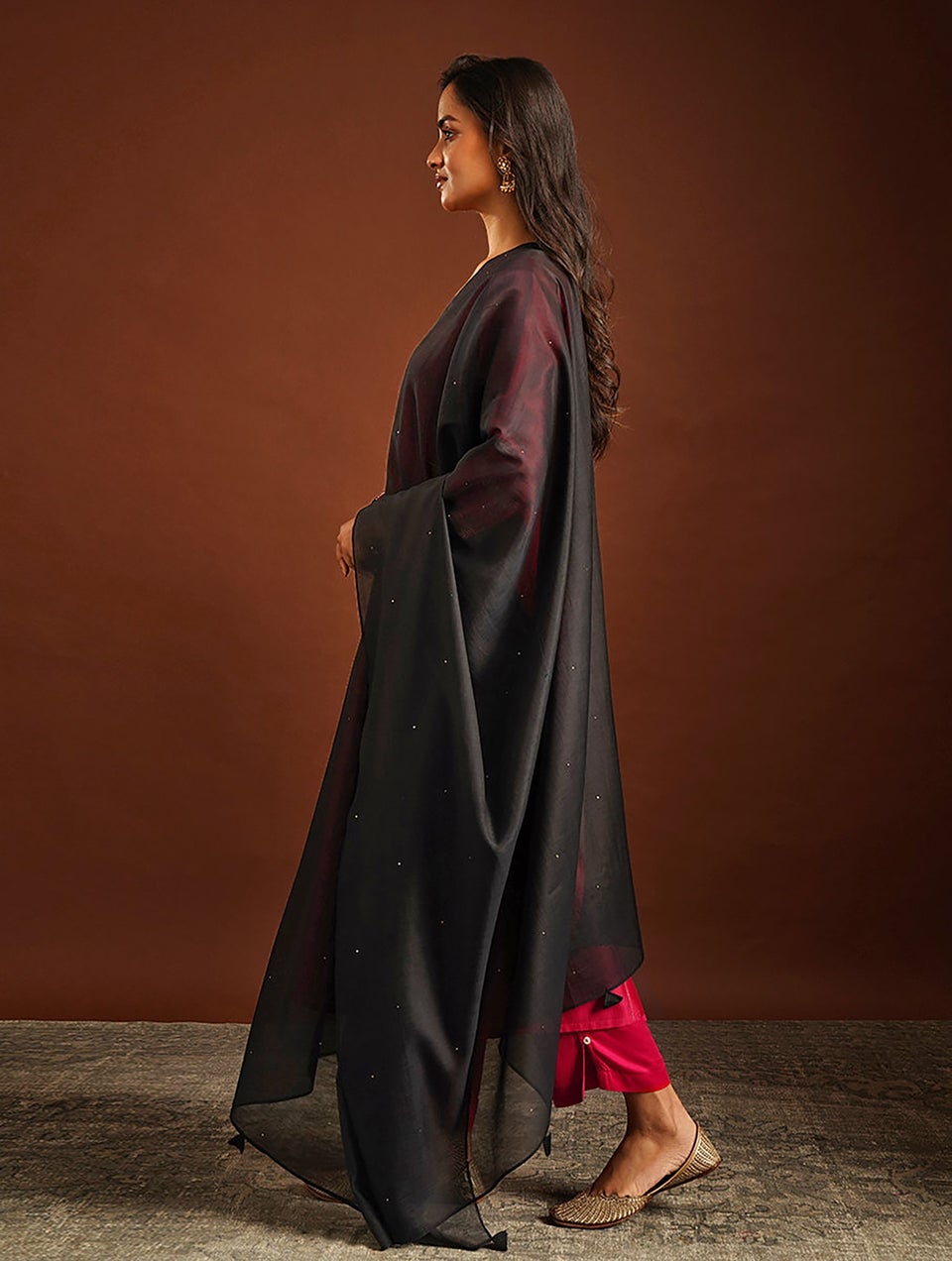 Women Black Silk Cotton Dupatta With Mukaish And Tassels