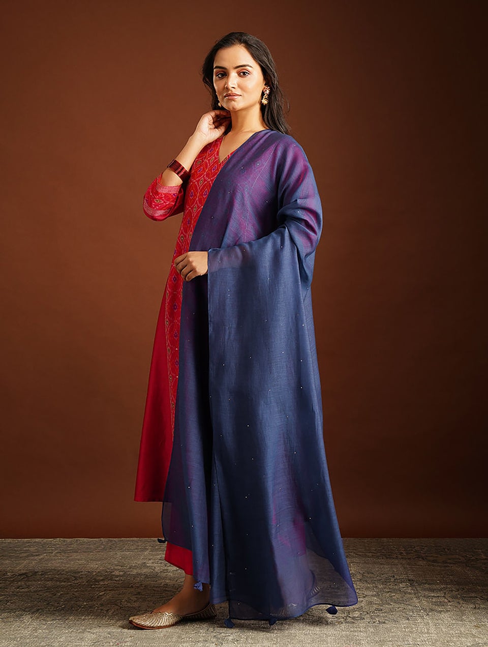 Women Blue Silk Cotton Dupatta With Mukaish And Tassels