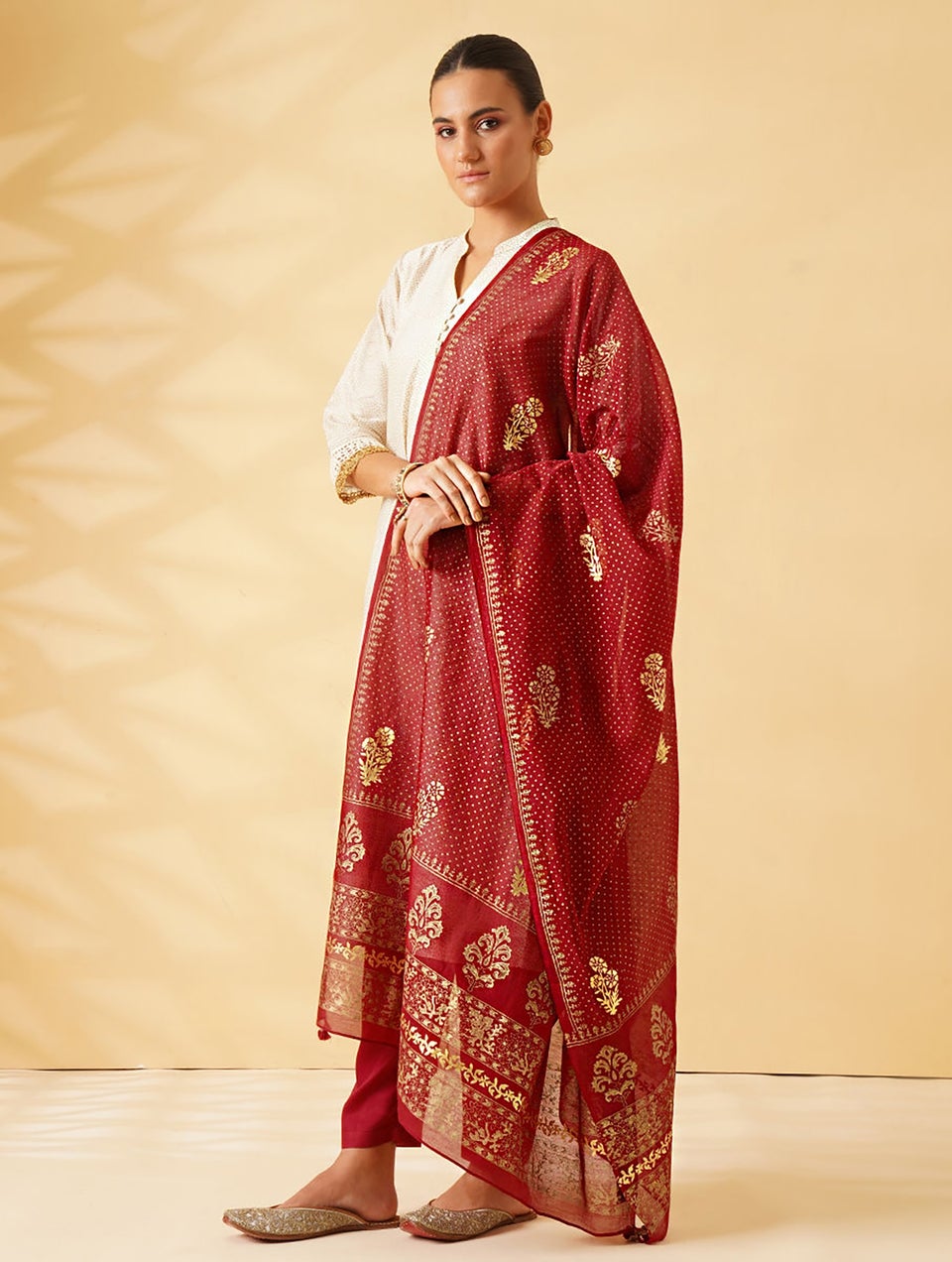 Women Red Silk Cotton Dupatta