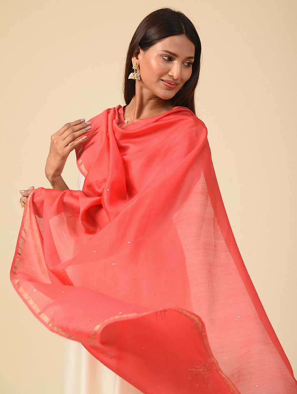 Women Red Kamdani Silk Cotton Stole