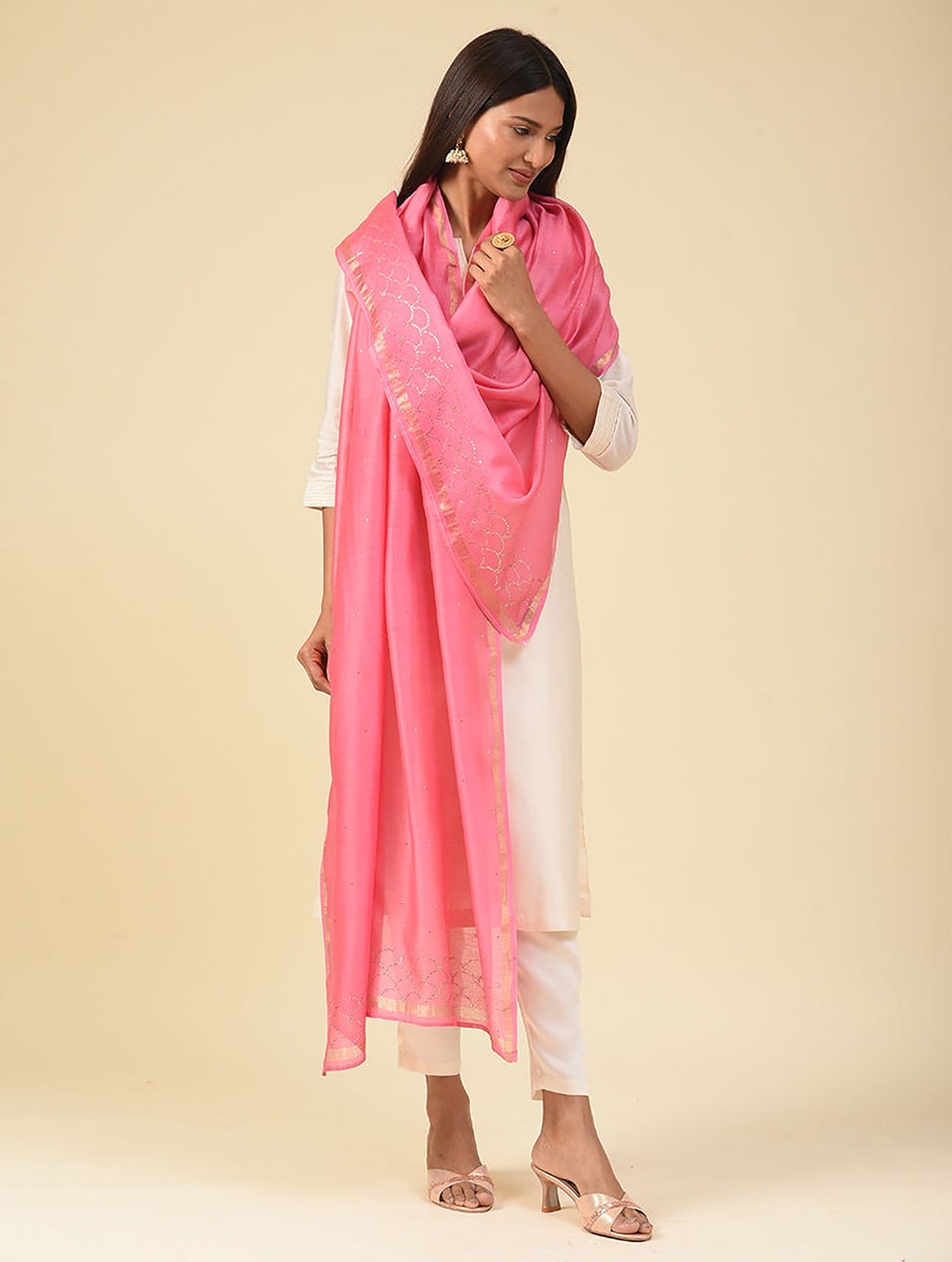 Women Pink Kamdani Silk Cotton Stole
