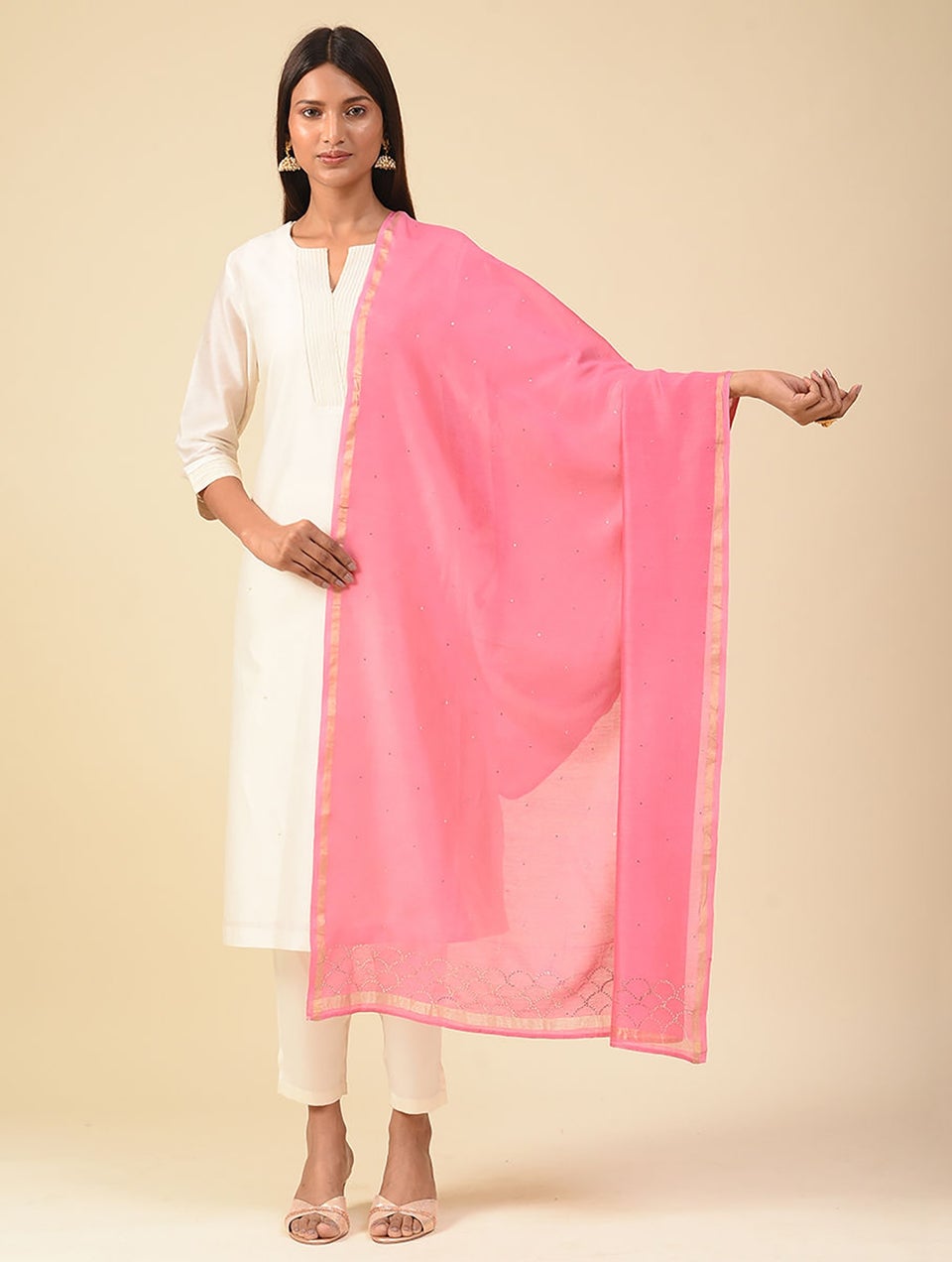 Women Pink Kamdani Silk Cotton Stole