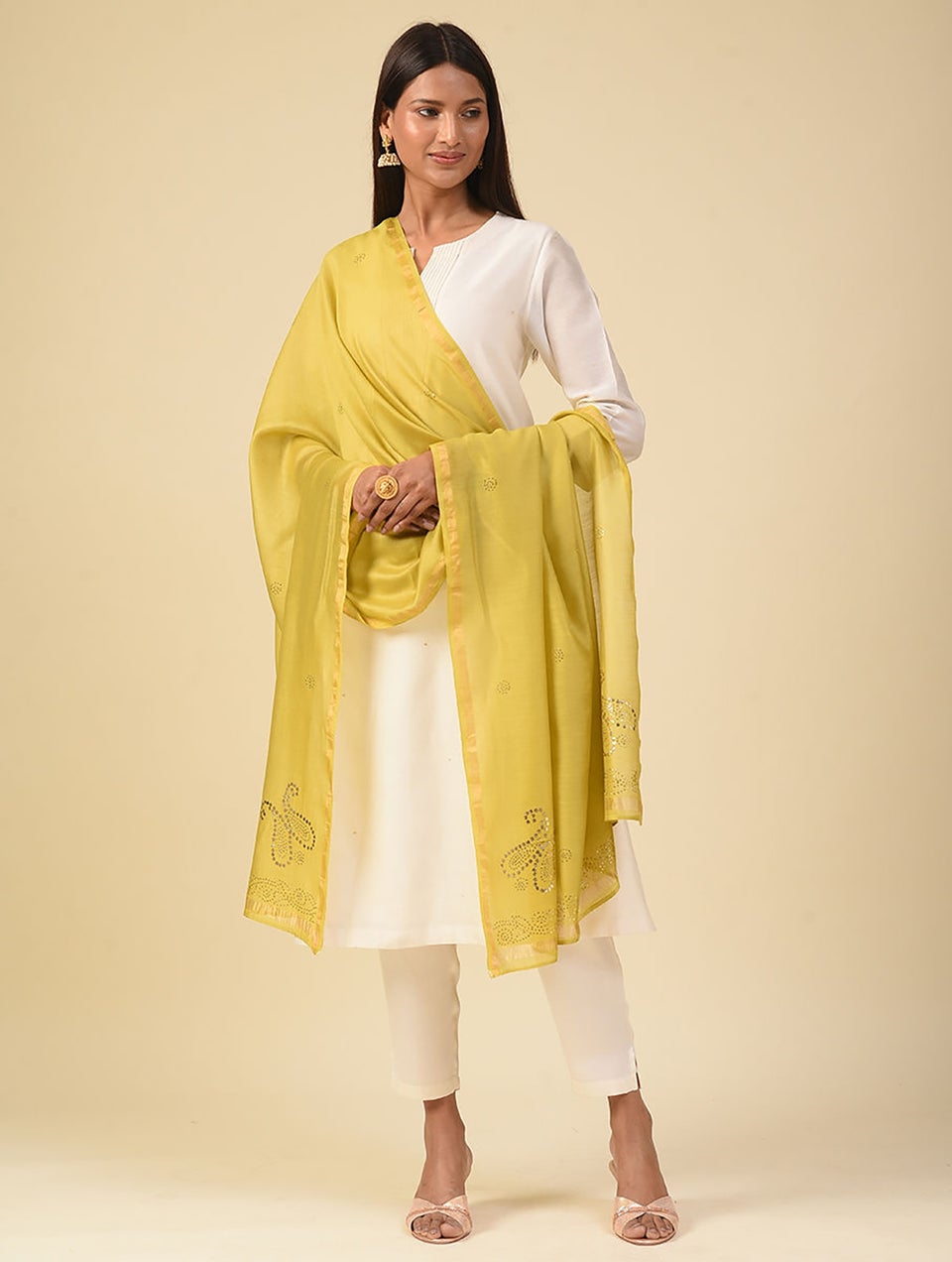 Women Yellow Kamdani Silk Cotton Stole