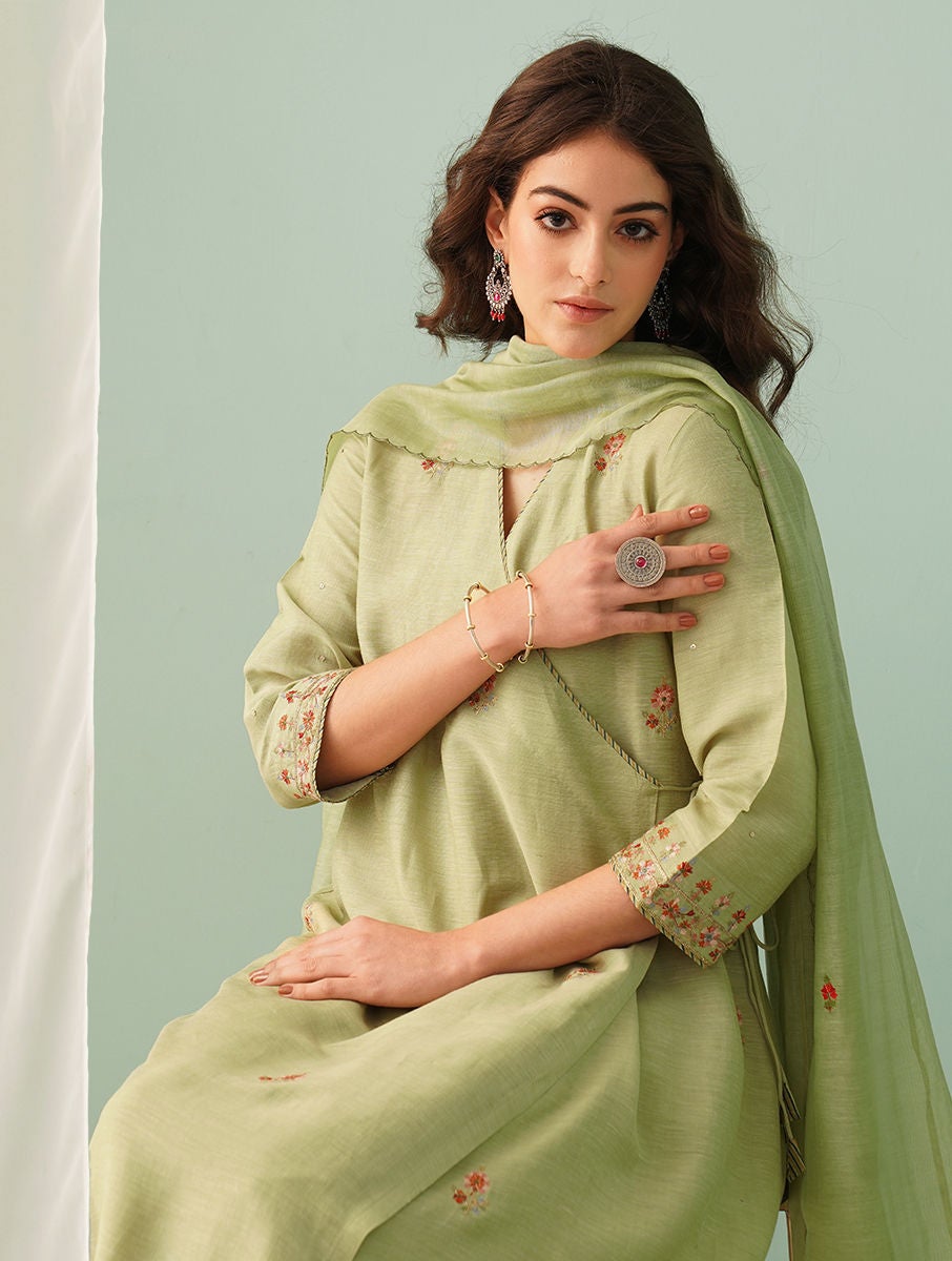 Women Green Embroidered Viscose Linen Angrakh With Lining And Pants