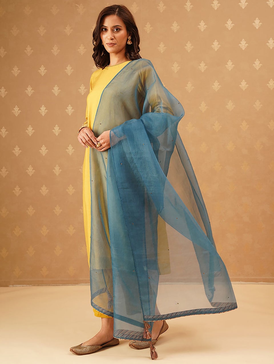 Women Teal Embroidered Silk Cotton Dupatta With Tassels