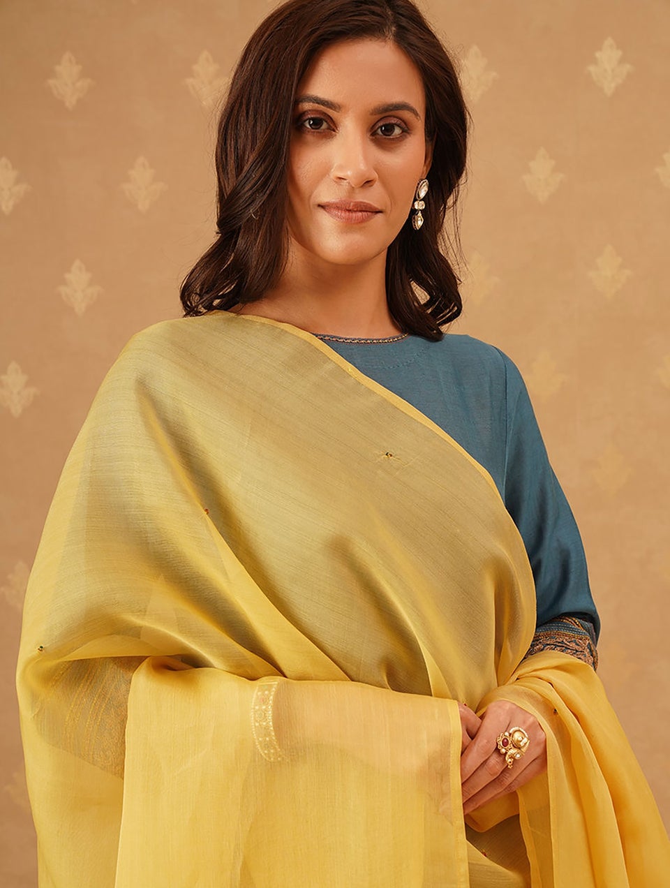 Women Mustard Embroidered Silk Cotton Dupatta With Tassels