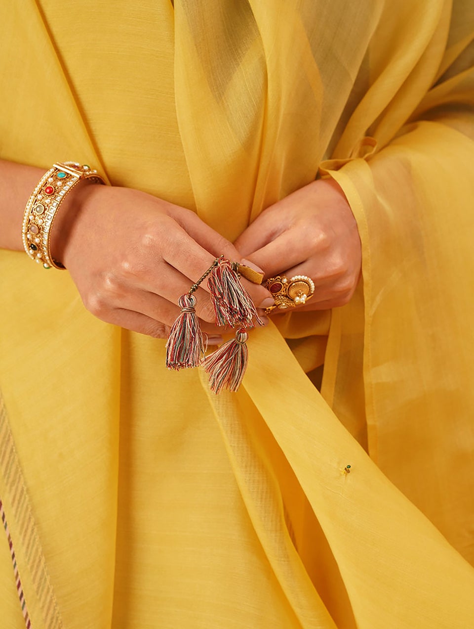 Women Mustard Embroidered Silk Cotton Dupatta With Tassels