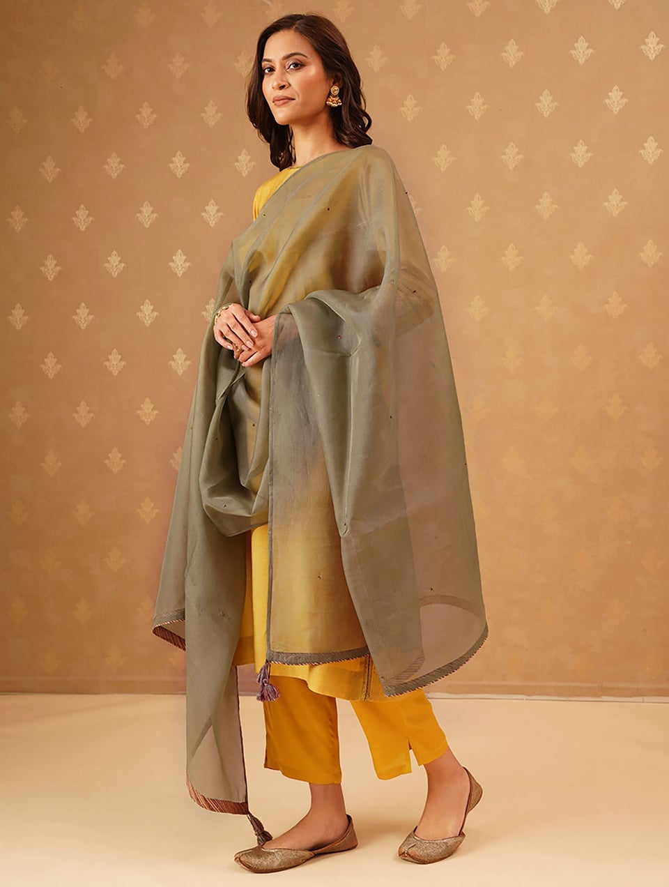 Women Olive Embroidered Silk Cotton Dupatta With Tassels