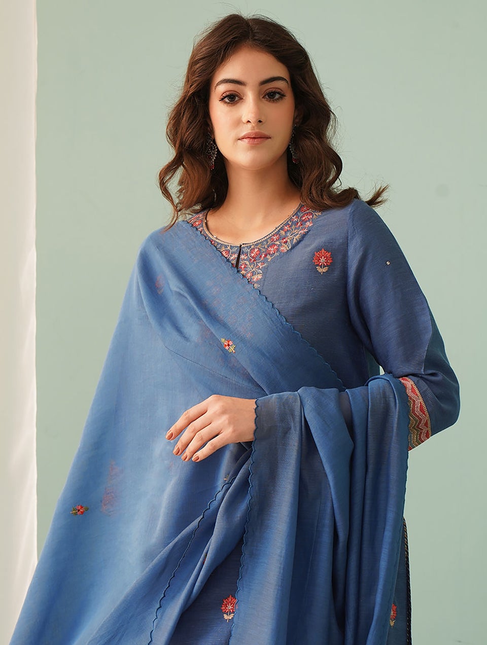 Women Navy Embroidered Silk Cotton Dupatta With Scalloping