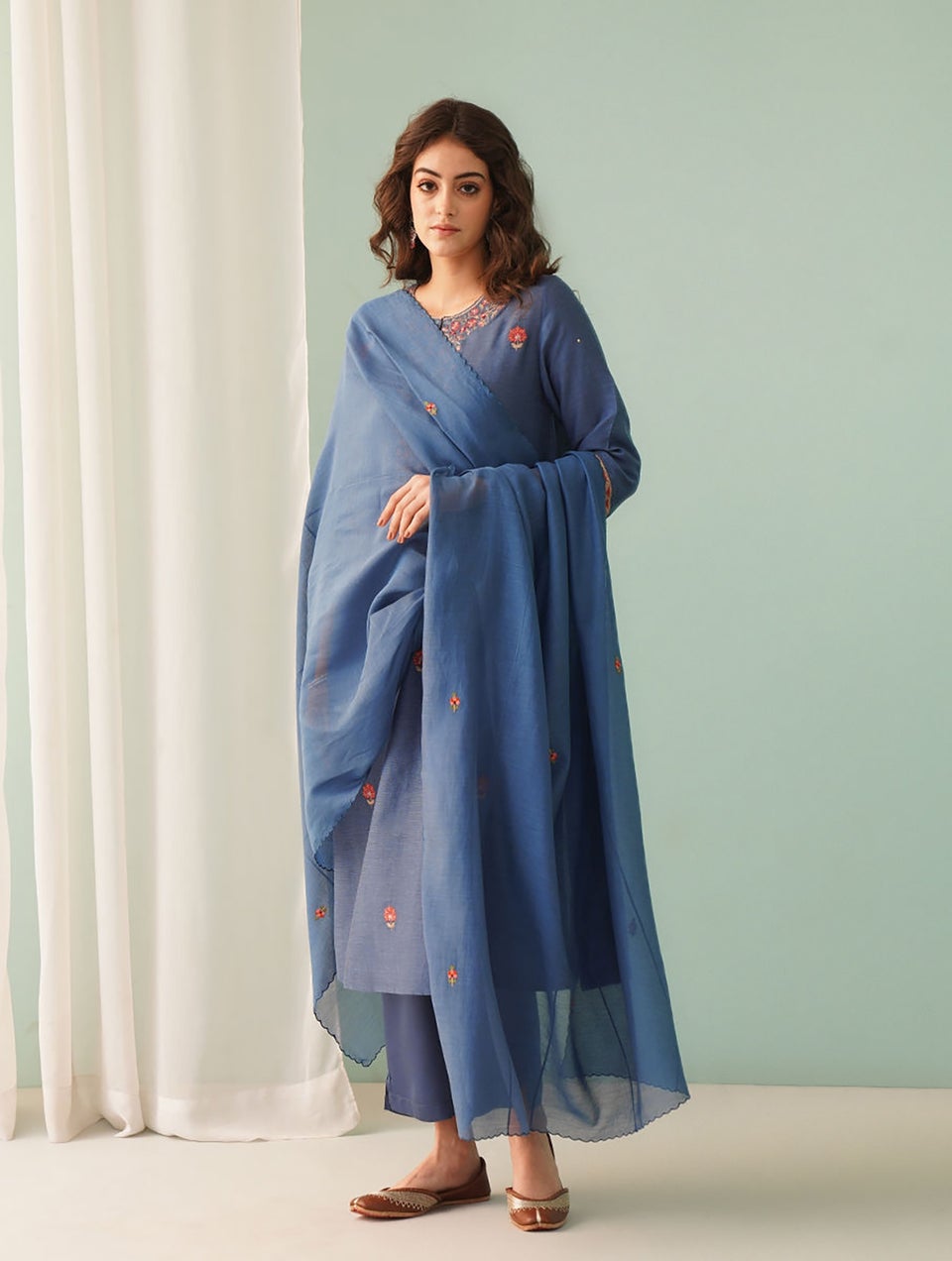 Women Navy Embroidered Silk Cotton Dupatta With Scalloping