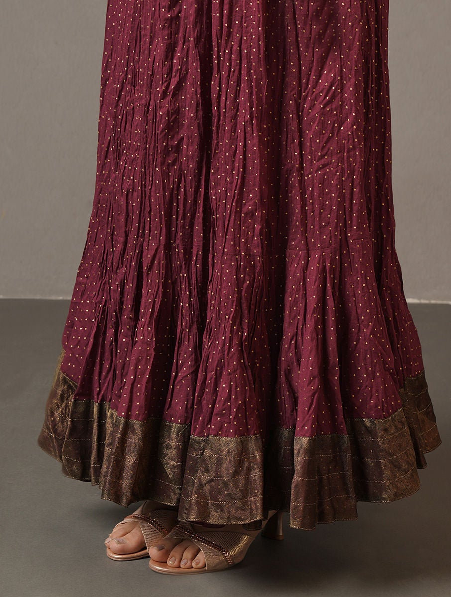 Women Maroon Tie-Up Crinkled Cotton Skirt With Khadi