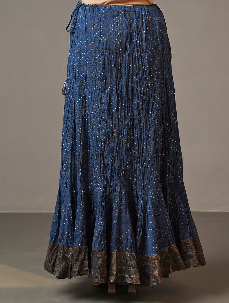 Women Blue Tie-Up Crinkled Cotton Skirt With Khadi - S-M