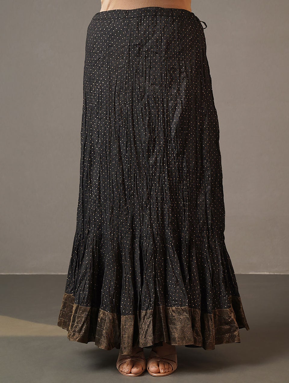 Women Black Tie-Up Crinkled Cotton Skirt With Khadi - S-M