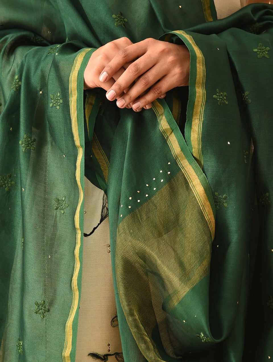 Women Green Handwoven Chanderi Dupatta With Mukaish