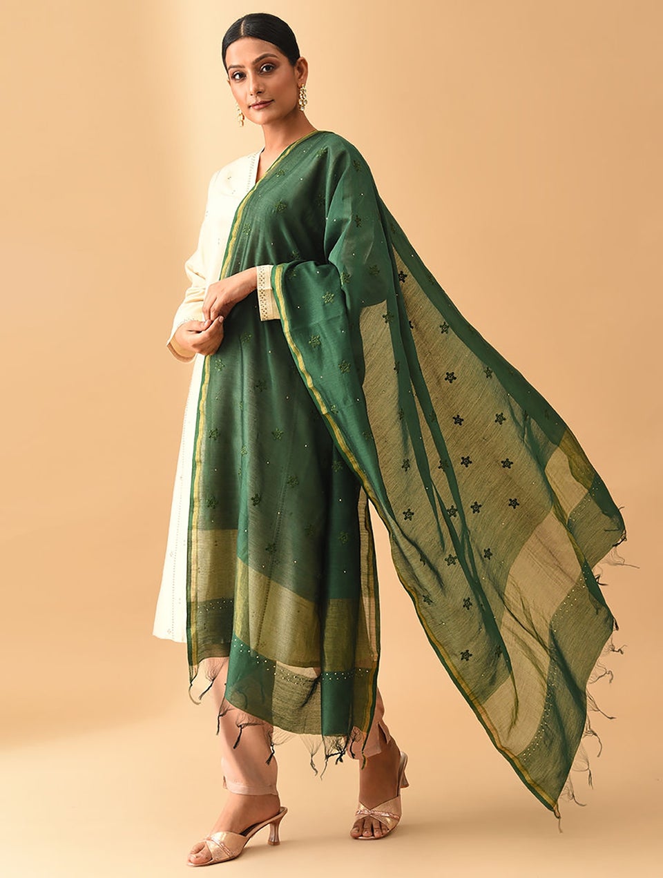 Women Green Handwoven Chanderi Dupatta With Mukaish