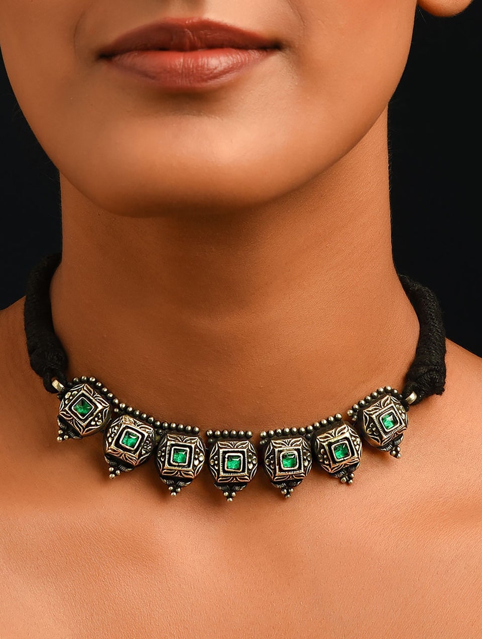 Women Green Tribal Silver Choker Necklace