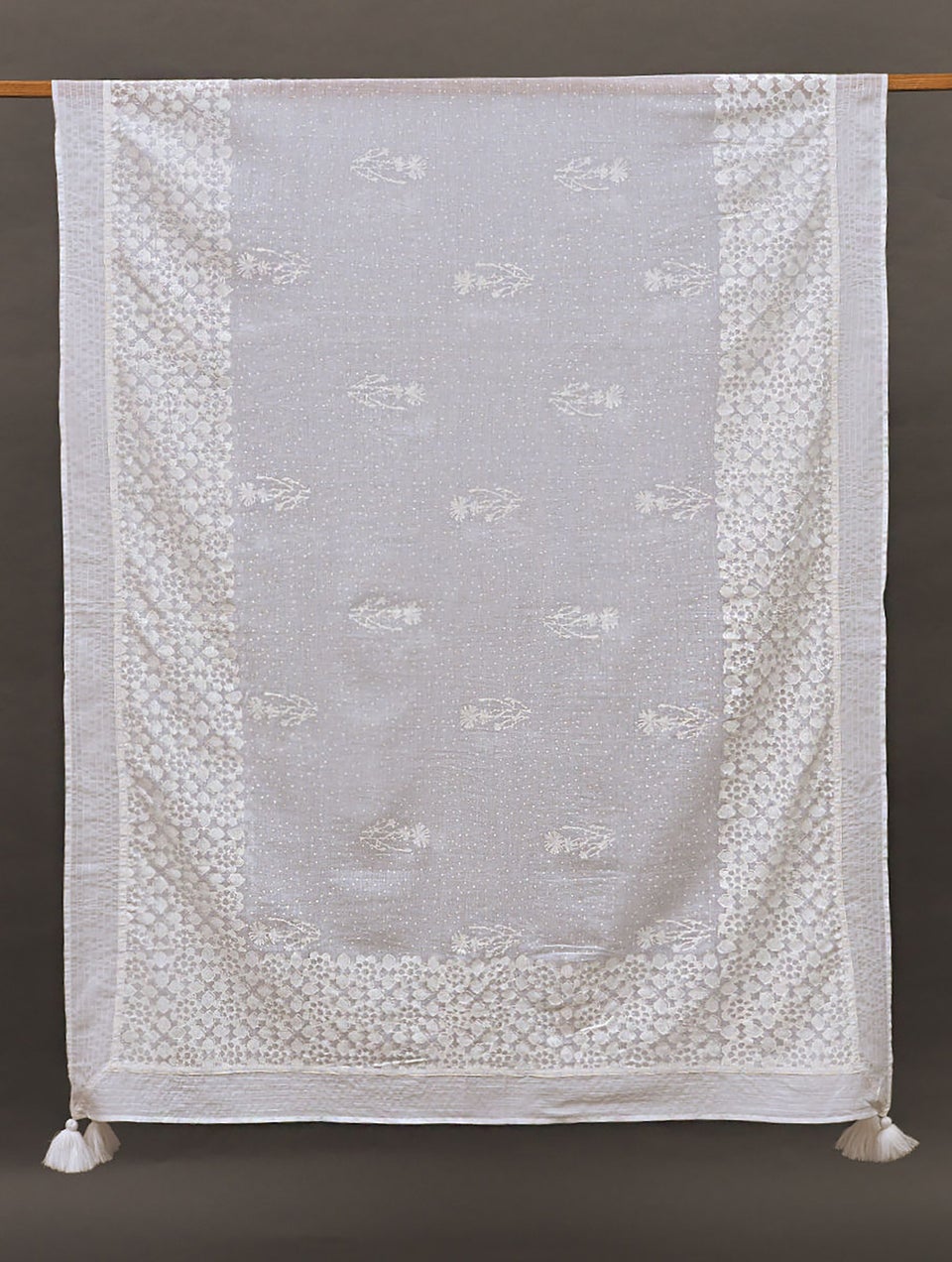 Women White Block Printed Cotton Dupatta With Tassels