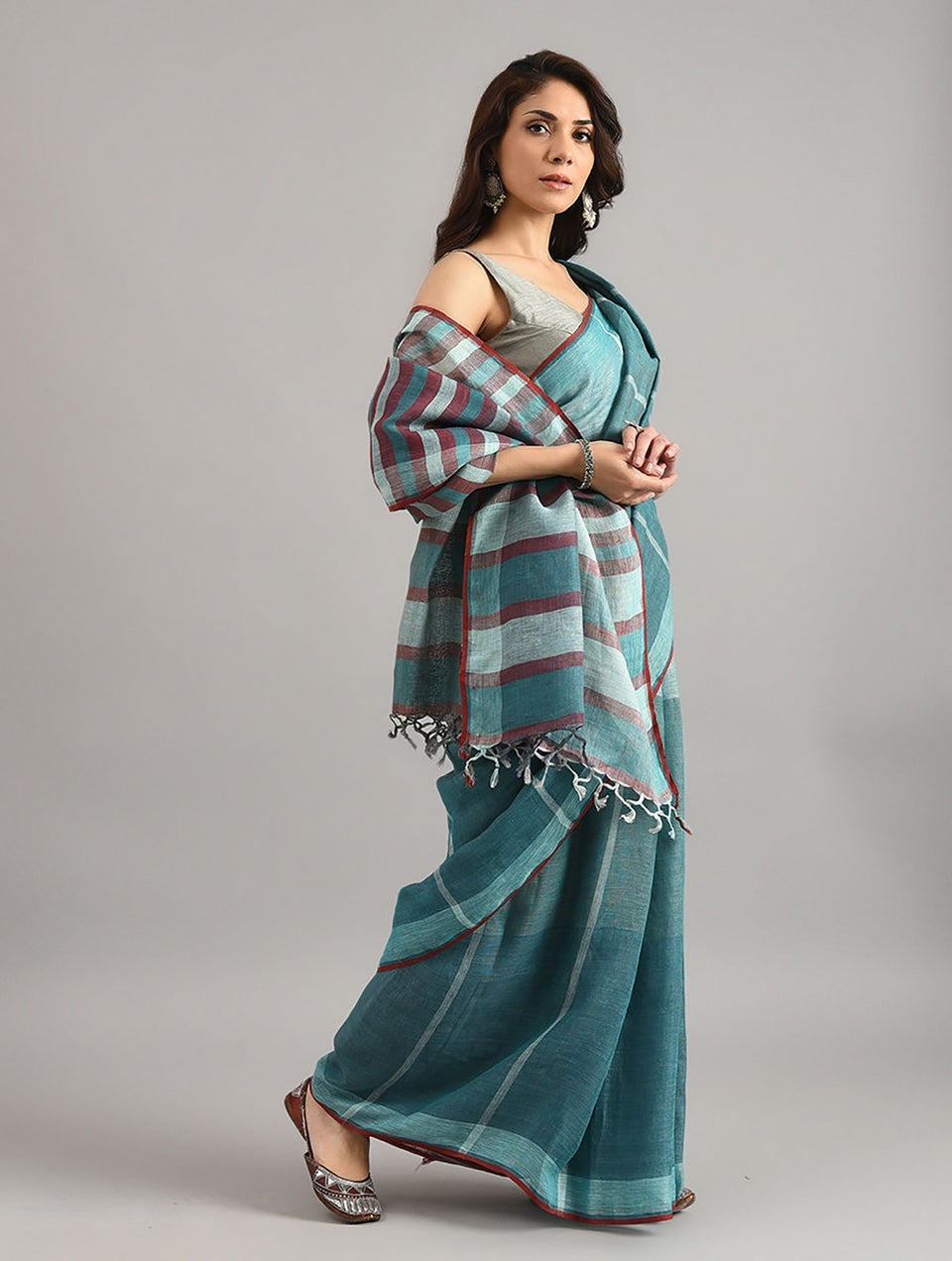 Women Green Handwoven Linen Saree
