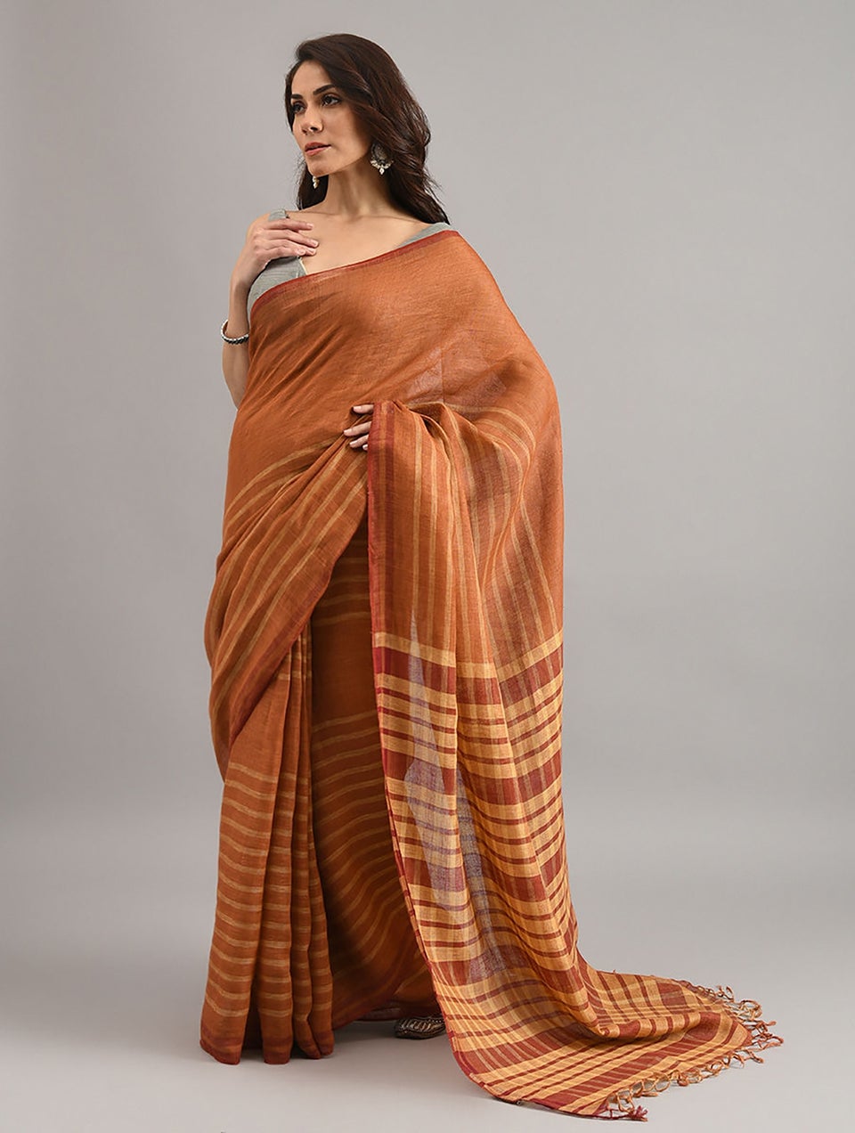 Women Mustard Handwoven Linen Saree