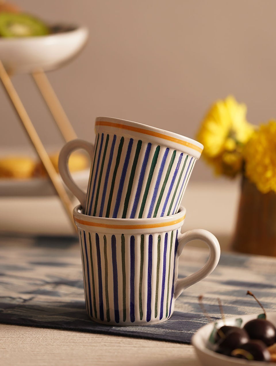 Handpainted Ceramic Ribbed Mugs