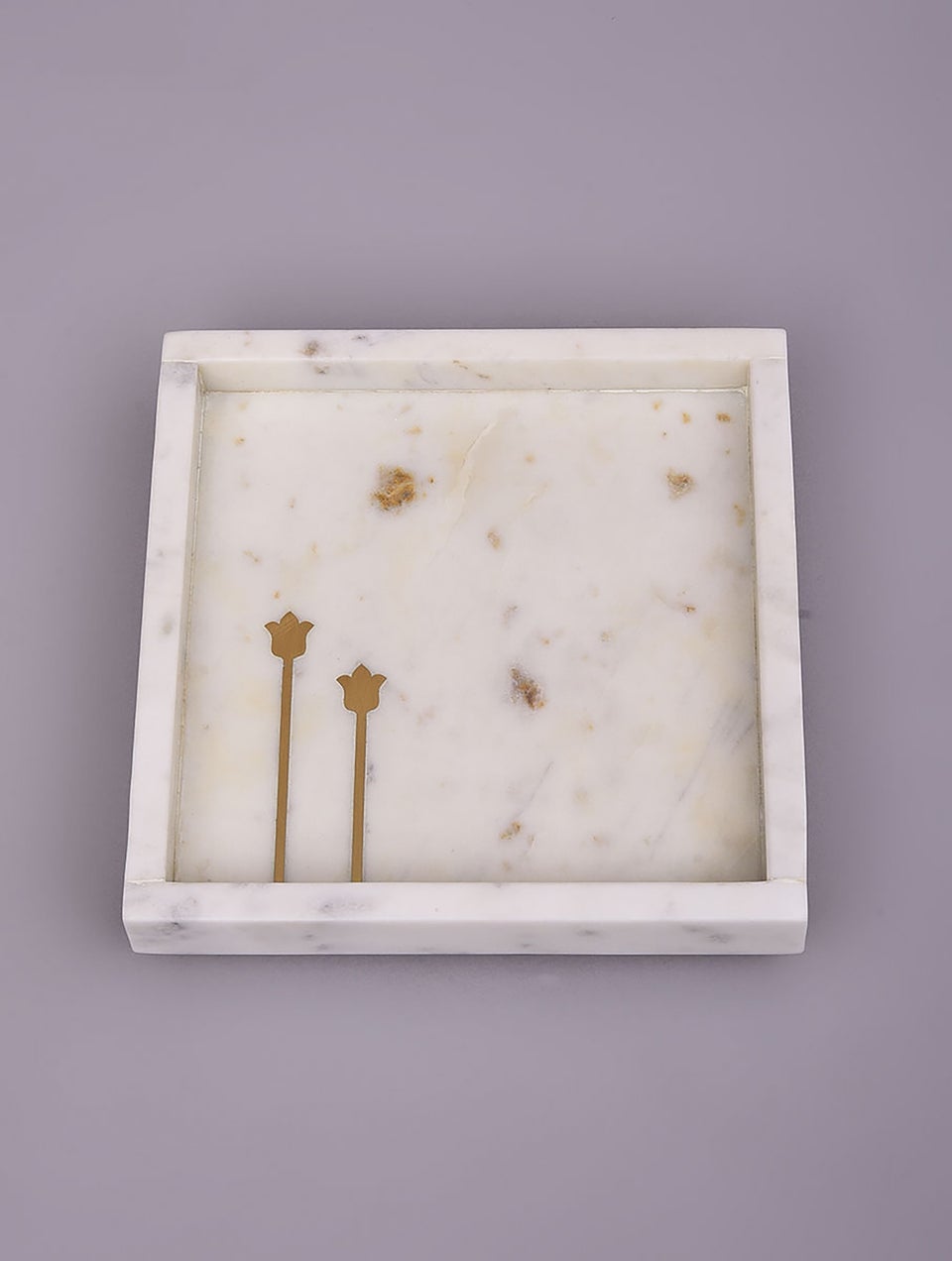 Handcrafted White Marble Utility Tray With Brass Inlay