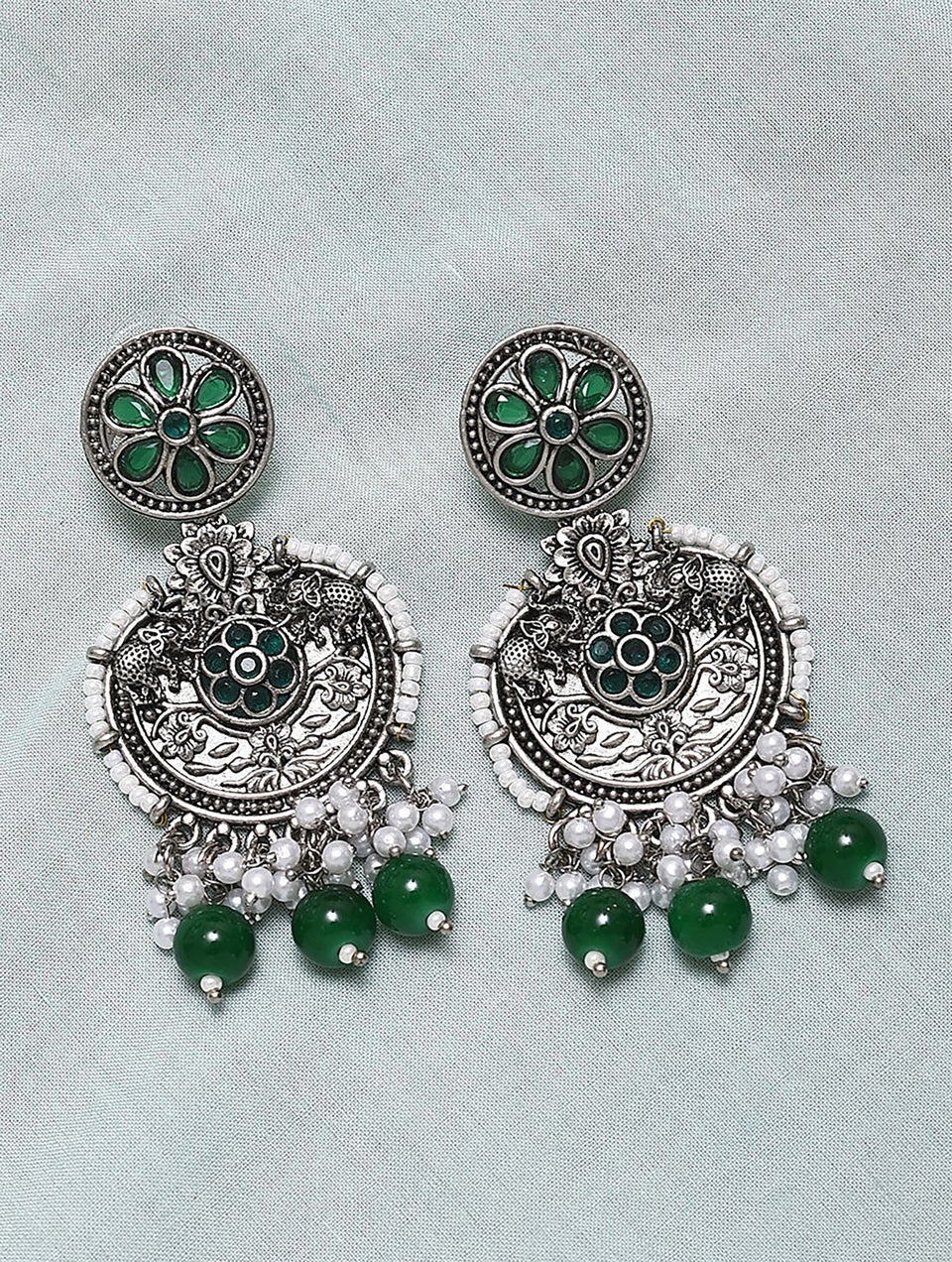 Green Silver Tone Tribal Drop Earrings