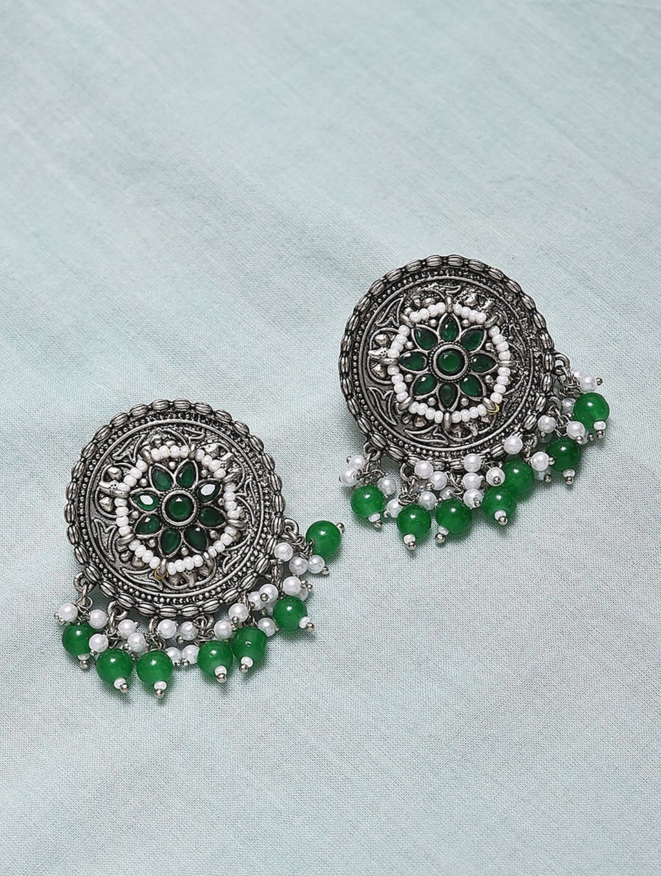 Green Silver Tone Tribal Stud Earrings