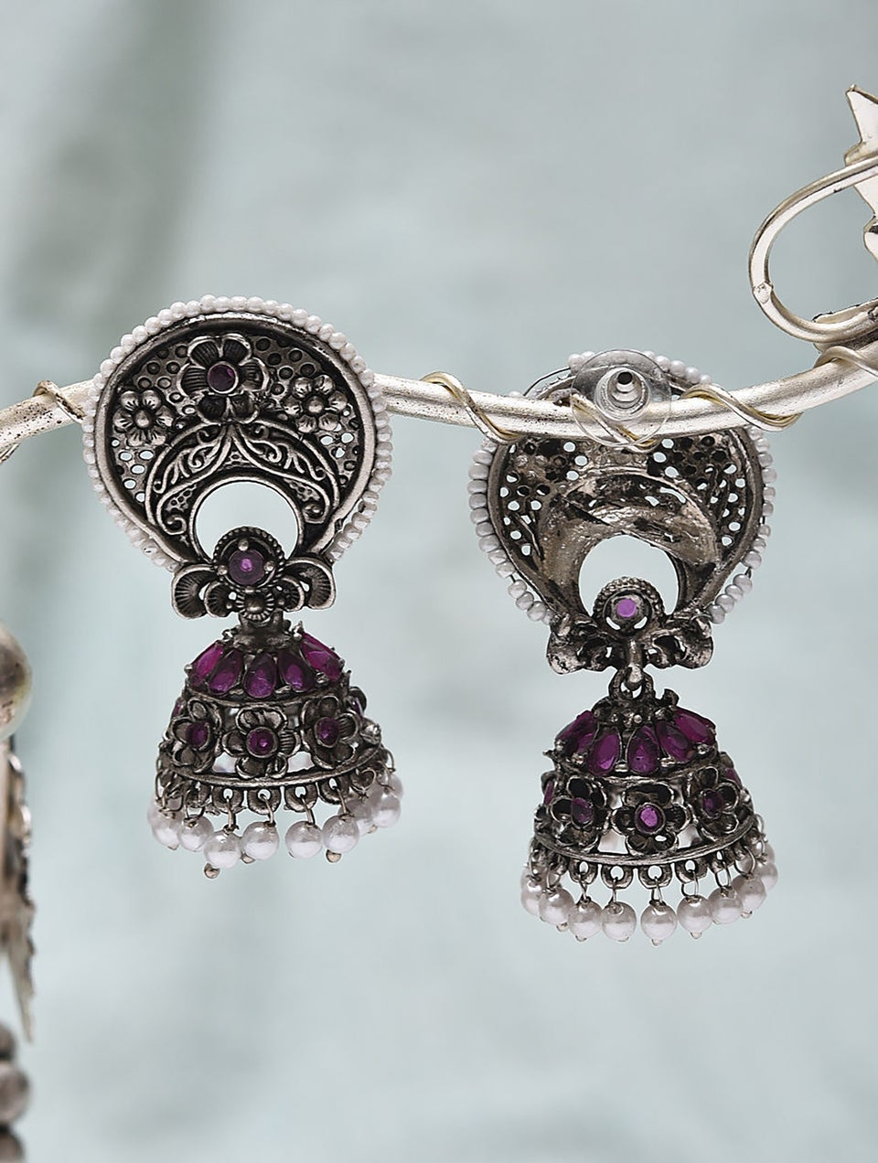 Ruby Pink Silver Tone Tribal Jhumki Earrings