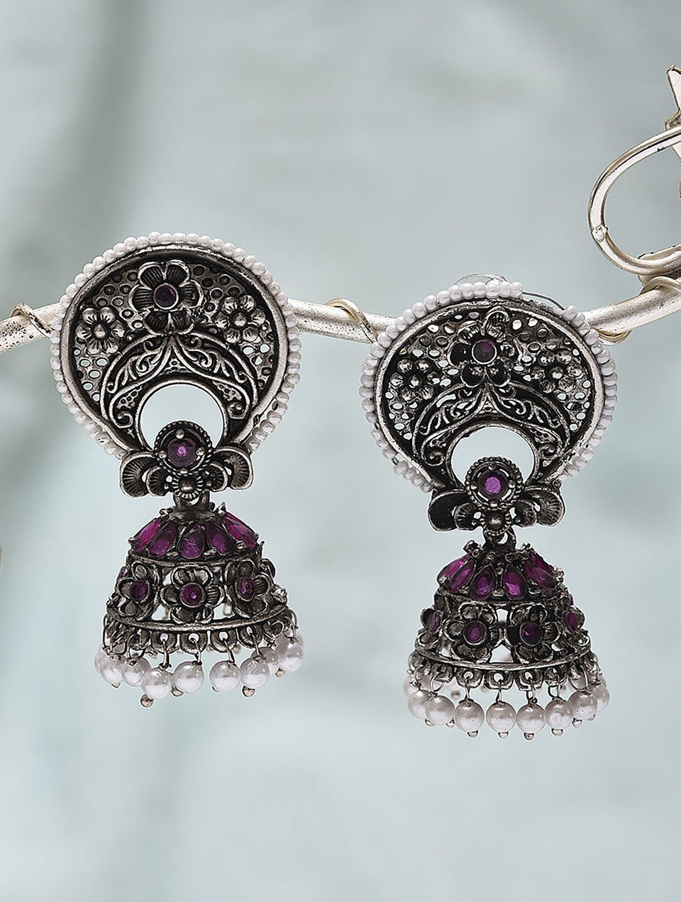 Ruby Pink Silver Tone Tribal Jhumki Earrings