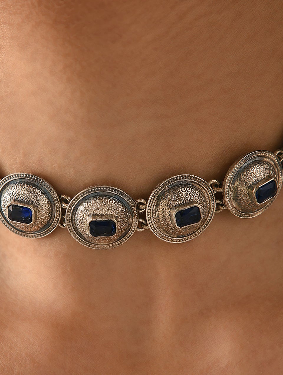 Women Blue Silver Tone Tribal Choker Necklace With Earring