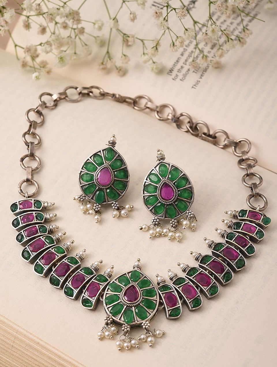 Women Pink Green Silver Tone Tribal Choker Necklace With Earrings