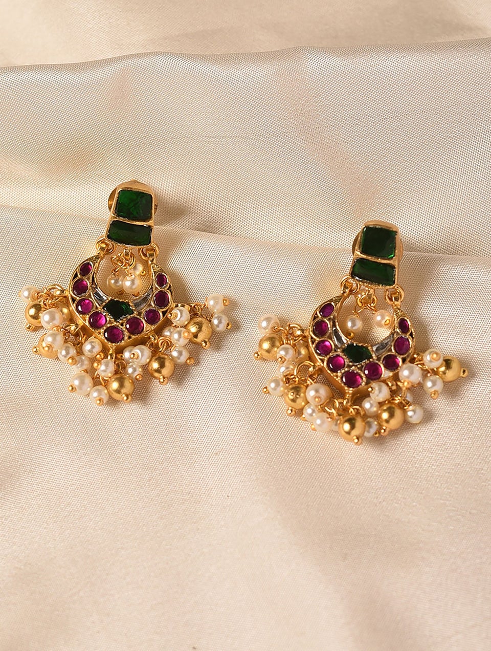 Women Green Ruby Pink Gold Tone Silver Dangler Earrings With Kempstones And Pearls