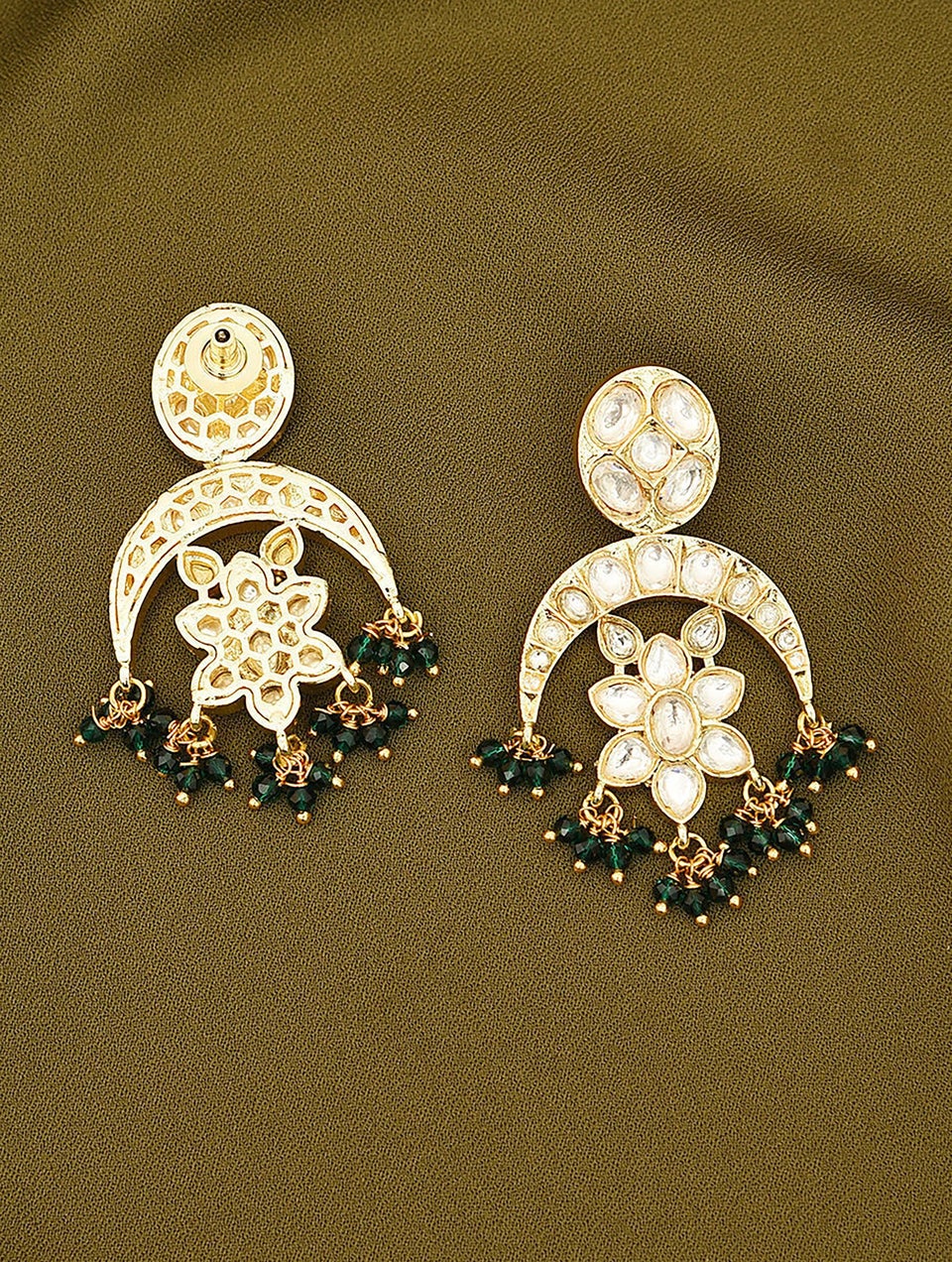 Women Green Gold Tone Kundan Dangler Earrings