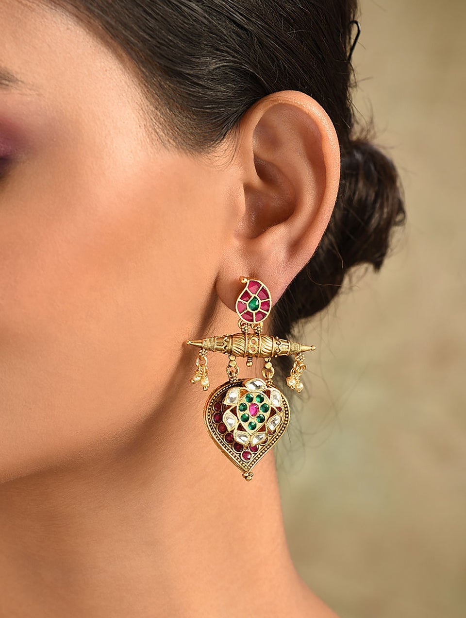 Women Pink Green Gold Tone Kundan Dangler Earrings