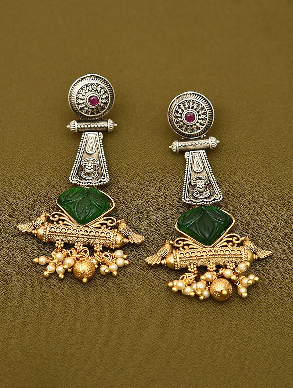 Women Green Pink Dual Tone Dangler Earrings