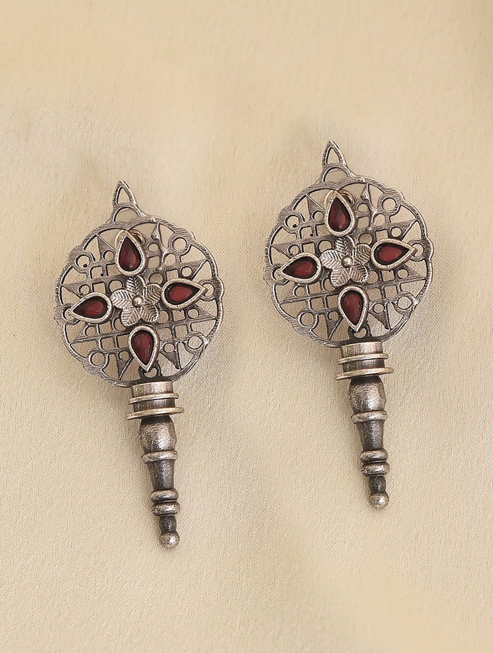 Red Tribal Silver Tone Earrings