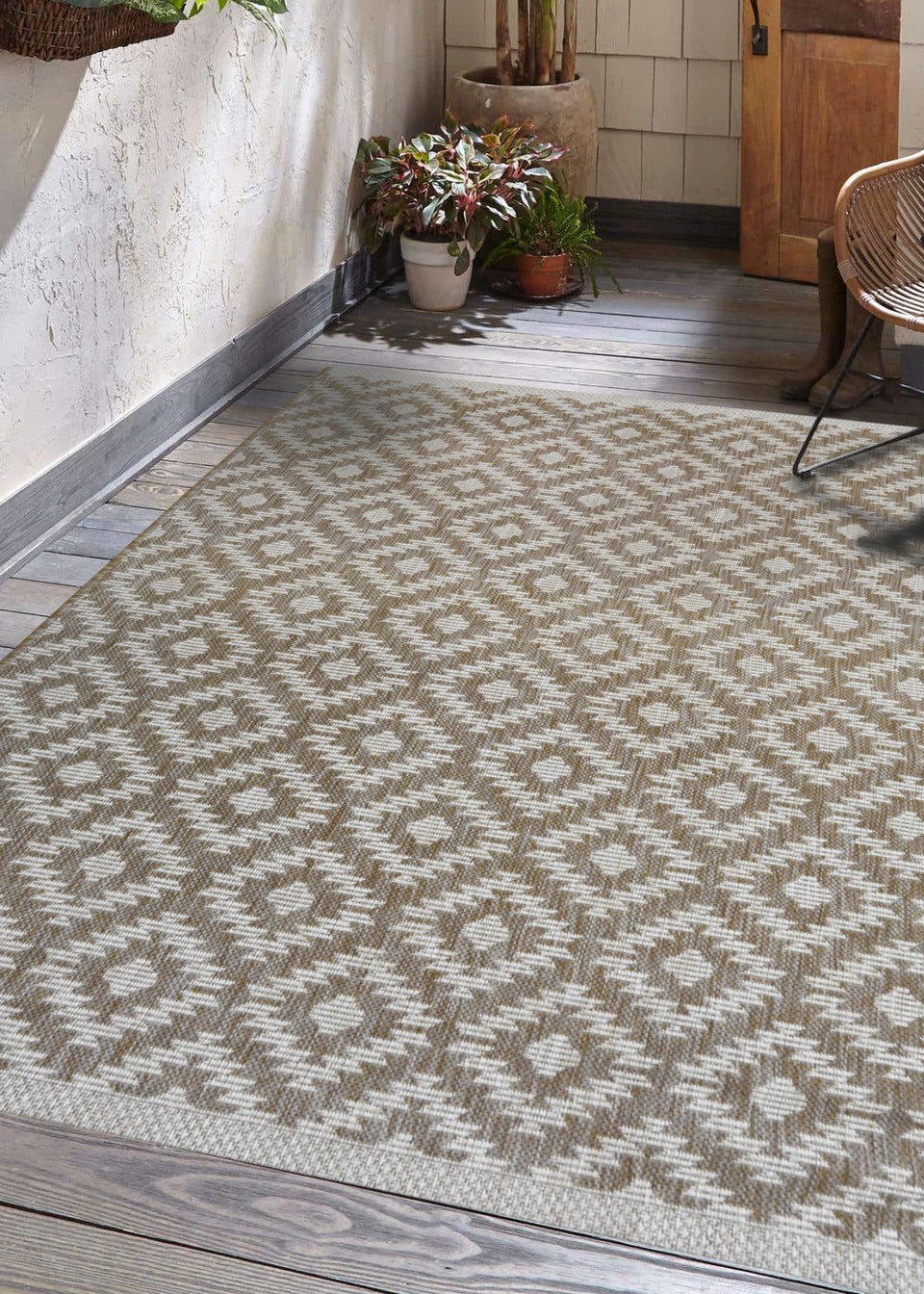 Homemaker Indoor/ Outoor Country Geo Tile Beige Runner