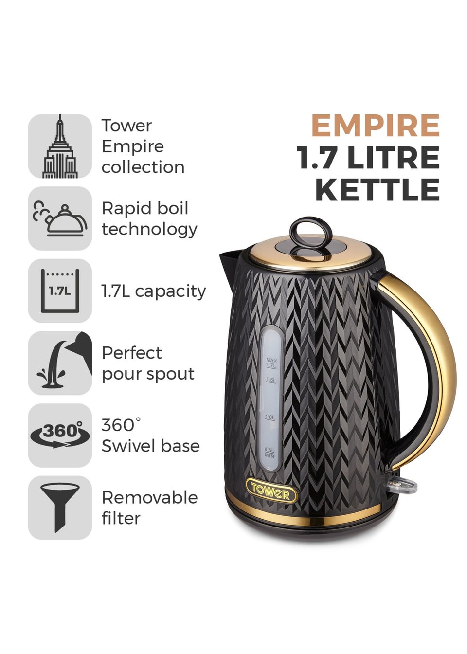 Tower Empire 3KW 1.7L Kettle Black with Brass Accents