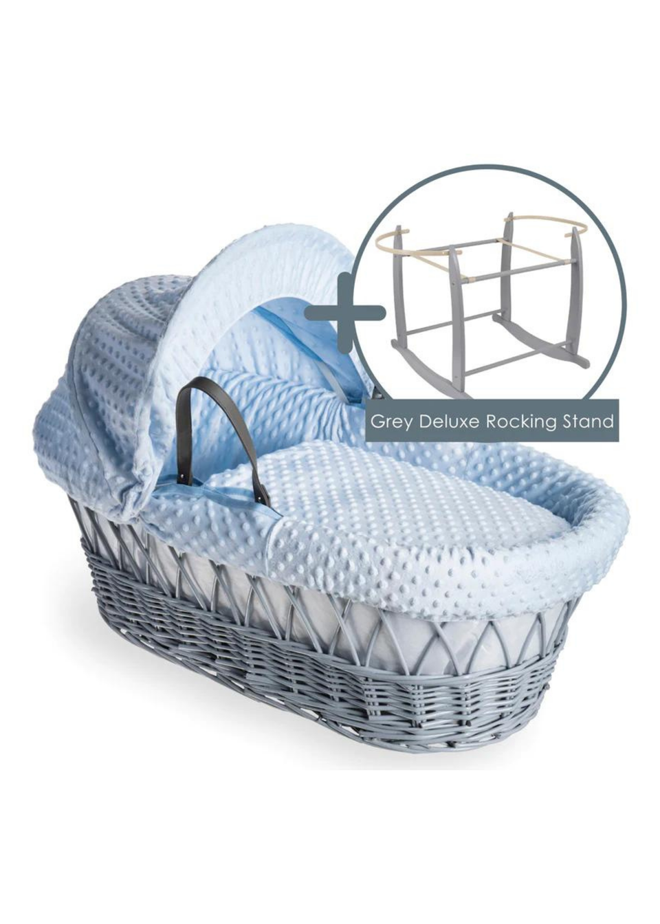 Clair de Lune Blue Dimple Wicker Moses Basket With Deluxe Rocking Stand