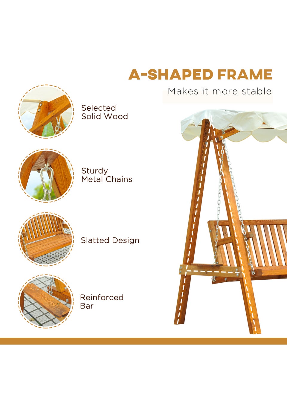 Outsunny 2 Seater Wooden Garden Canopy Swing Chair Hammock Bench