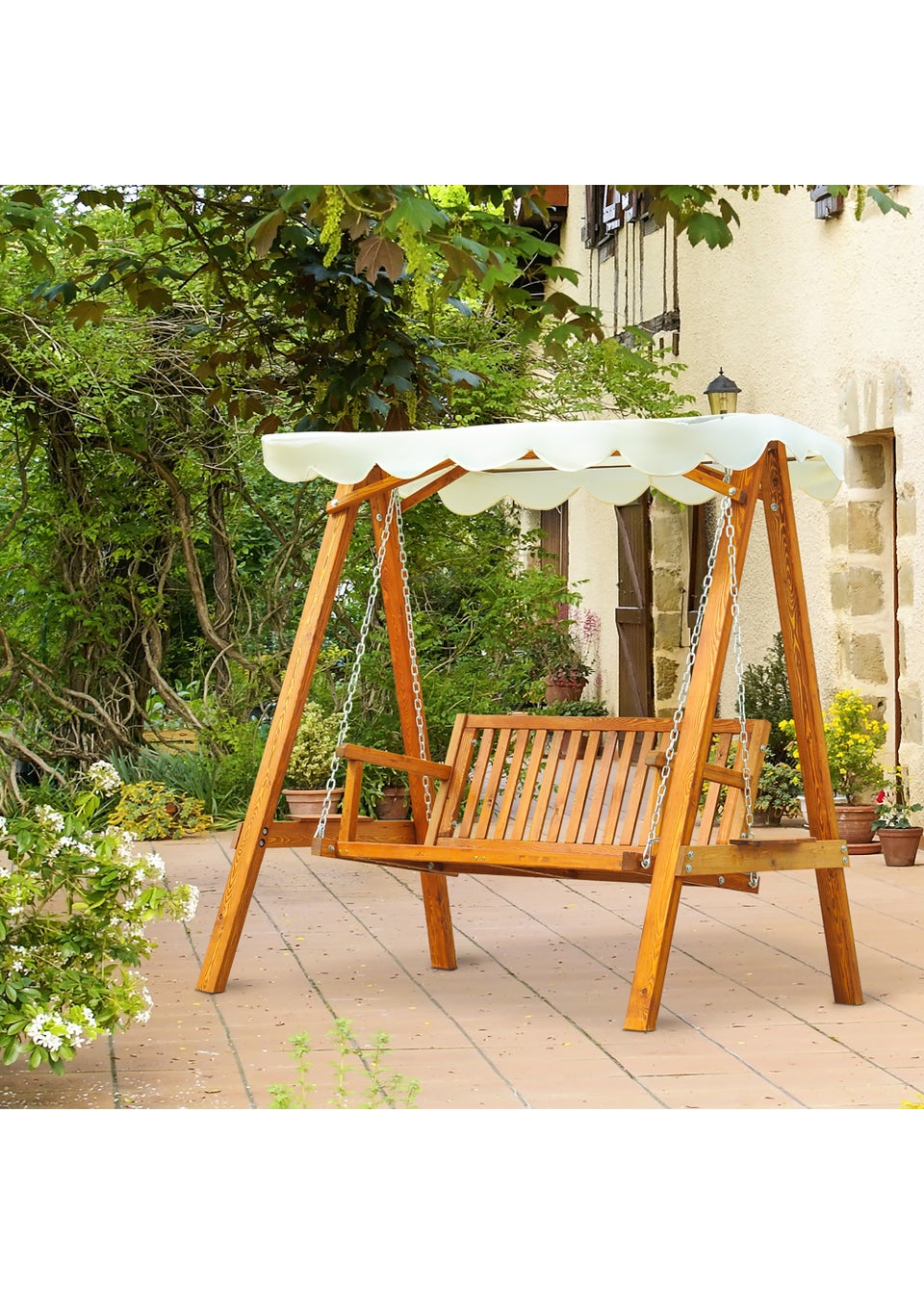 Outsunny Cream 2 Seater Wooden Garden Swing Chair (162cm x 130cm x 185cm)