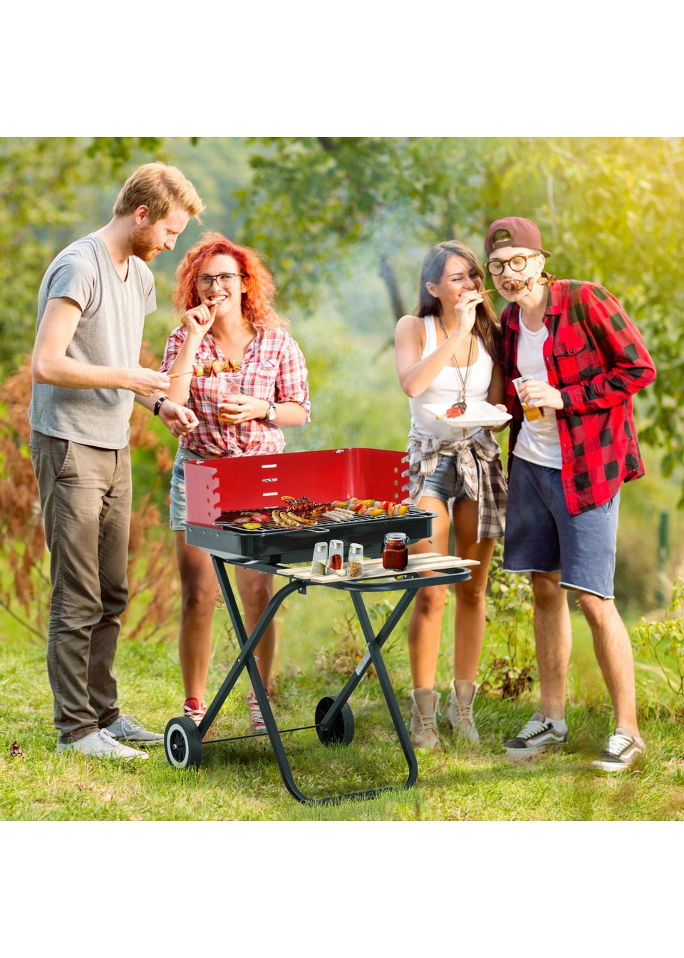 Outsunny Foldable Charcoal Barbecue Grill with Wheels (57cm x 64cm x 83cm)