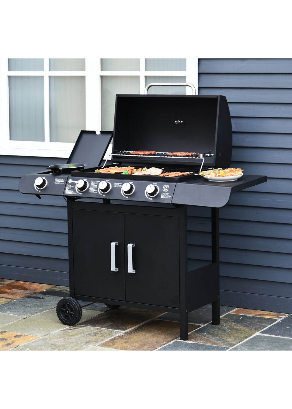 Outsunny 4+1 Gas Burner Grill BBQ Trolley with Storage Side Table and Wheels