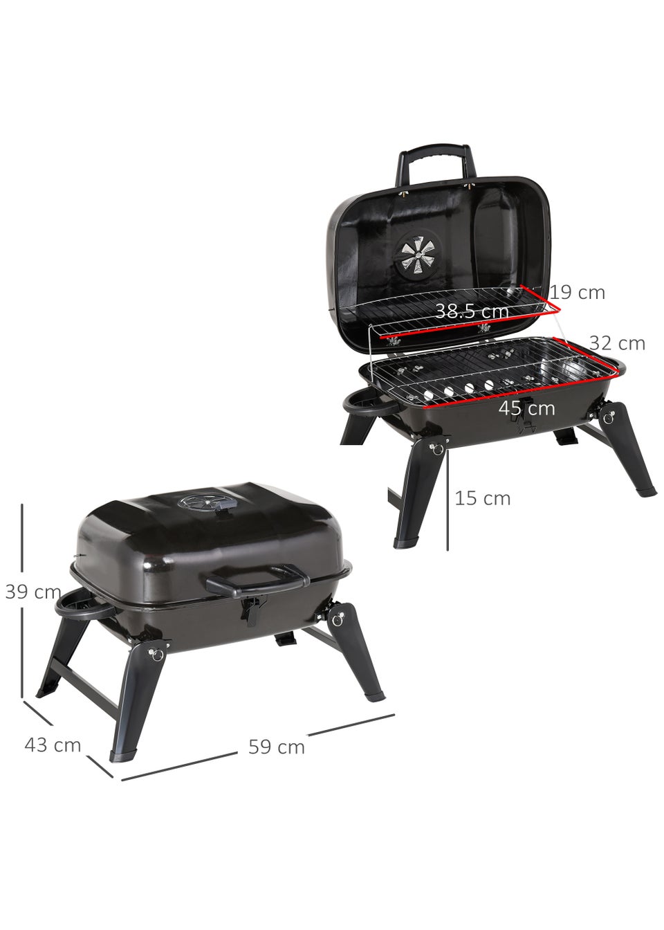 Outsunny Portable Charcoal Barbecue Grill (59cm x 43cm x 36cm)