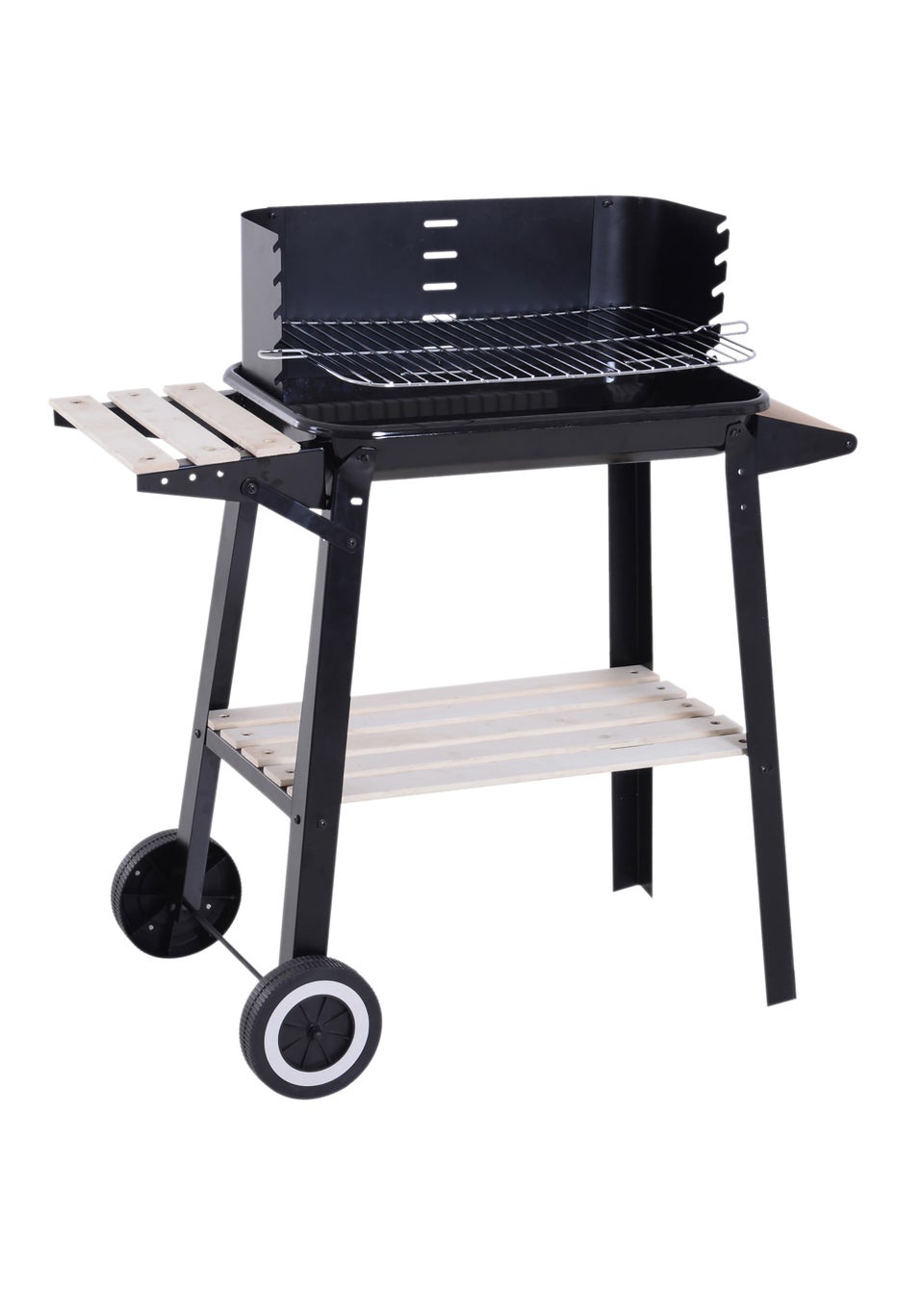 Outsunny Trolley Charcoal BBQ Barbecue Grill with Side Trays Storage Shelf and Wheels