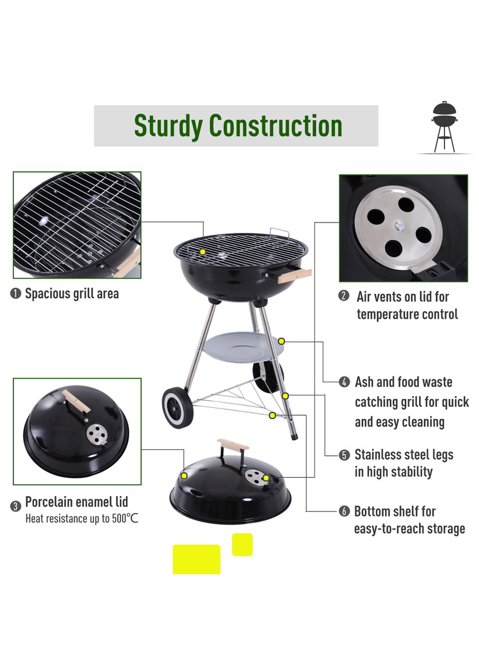 Outsunny Portable Round Kettle Charcoal Grill BBQ Smoker with Lid