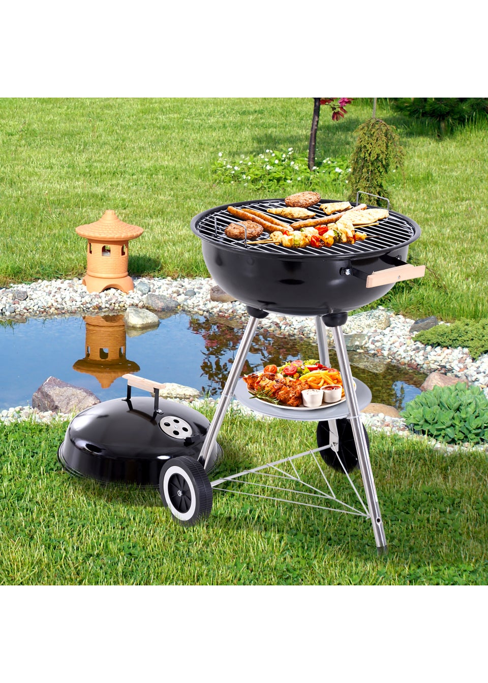 Outsunny Portable Round Kettle Charcoal Grill BBQ Smoker with Lid