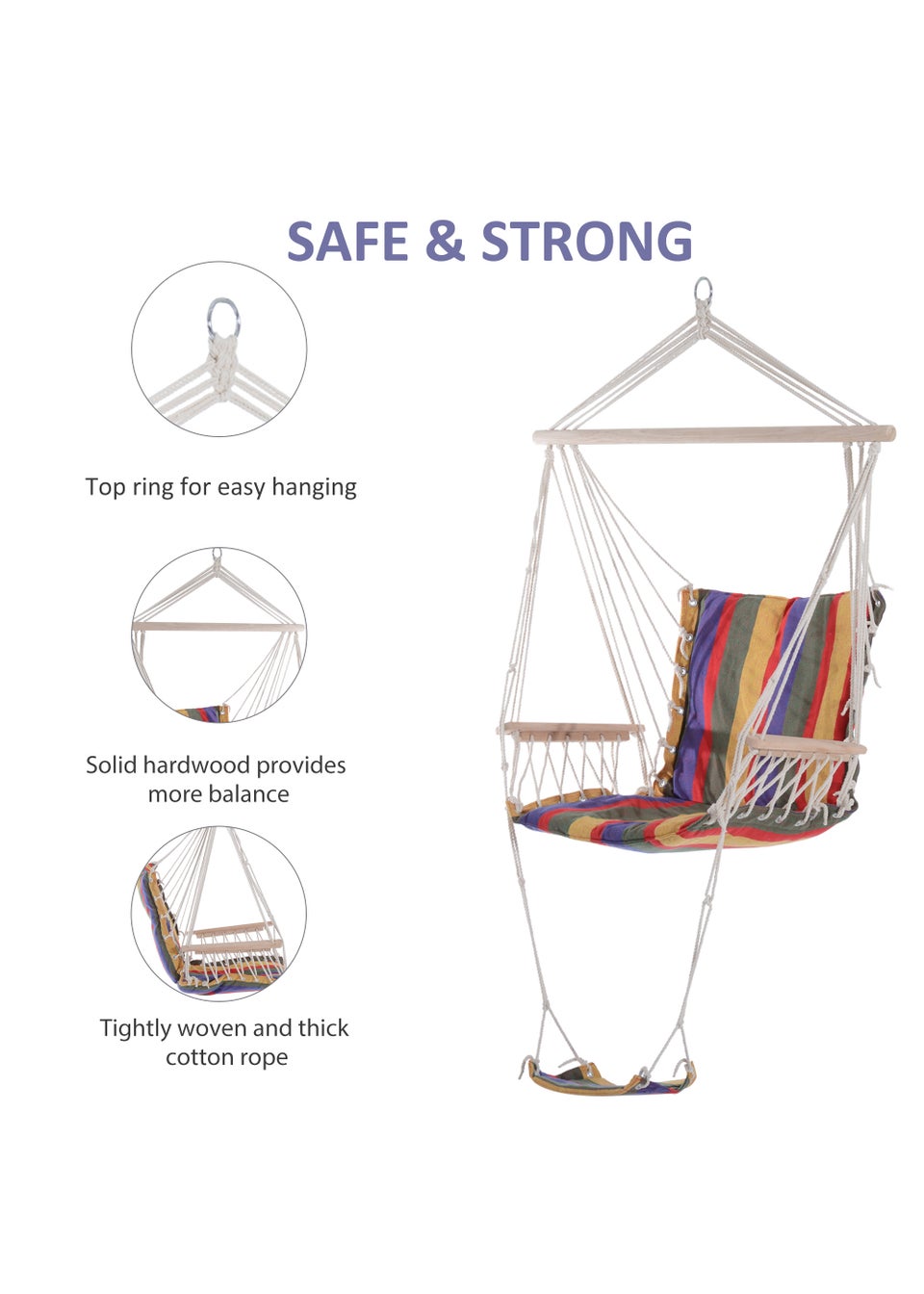 Outsunny Hammock Swing Chair Hanging Rope Striped Seat Foot Rest Indoor