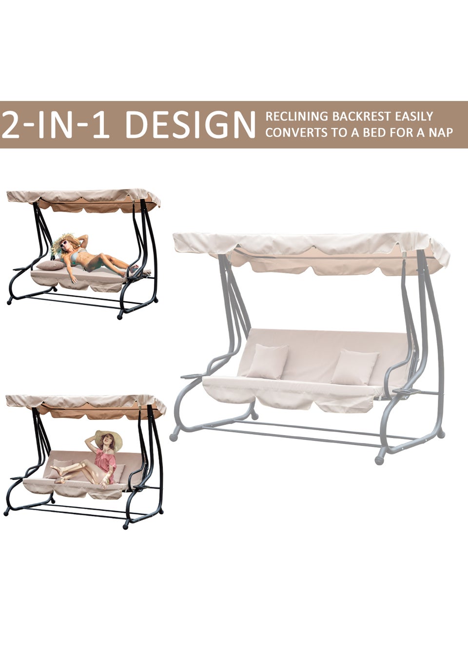 Outsunny 3 Seater Garden Swing Seat Bed Convertible 2-in-1 Hammock Bed